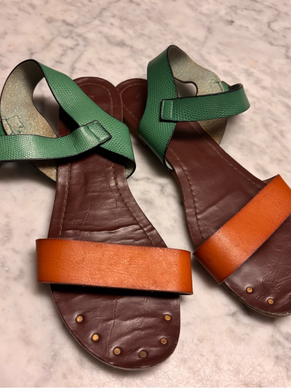 Mossimo Supply Co. Green and Orange Leather Crossover Flat Sandals